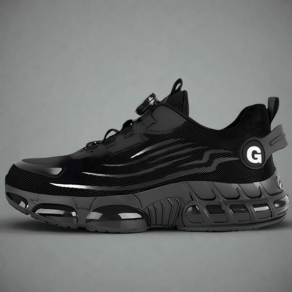 Black steel toe trainer with a Grizzor logo on a gray background