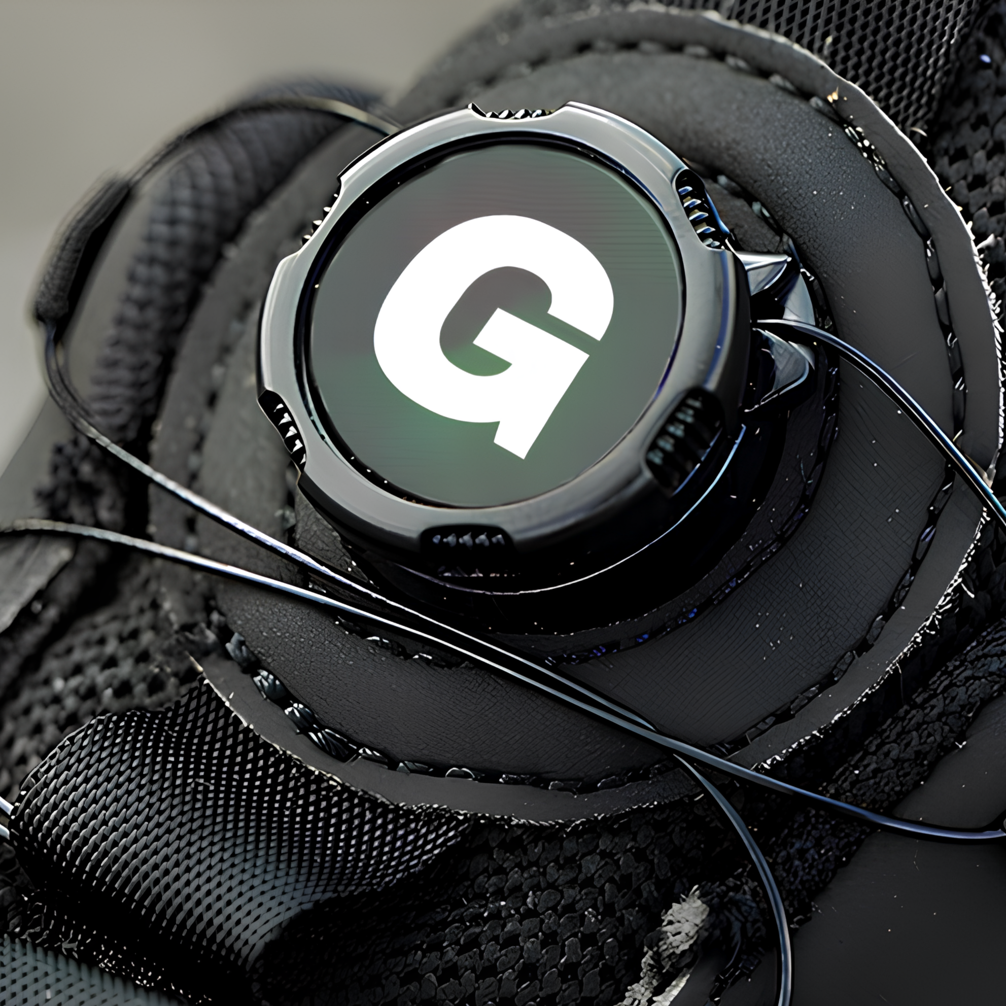 Black steel toe trainer with a Grizzor logo on a gray background