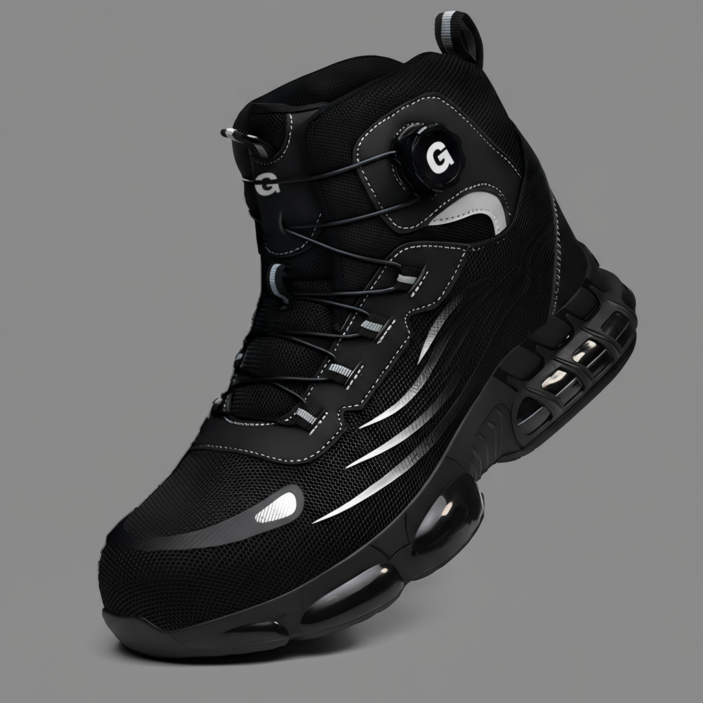 Black high-top sneaker with a prominent brand logo on a gray background