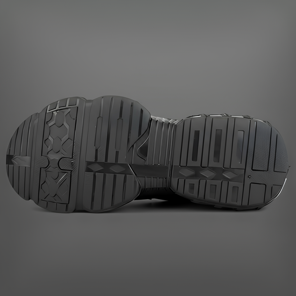 Black rubber sole of a shoe on a gray background