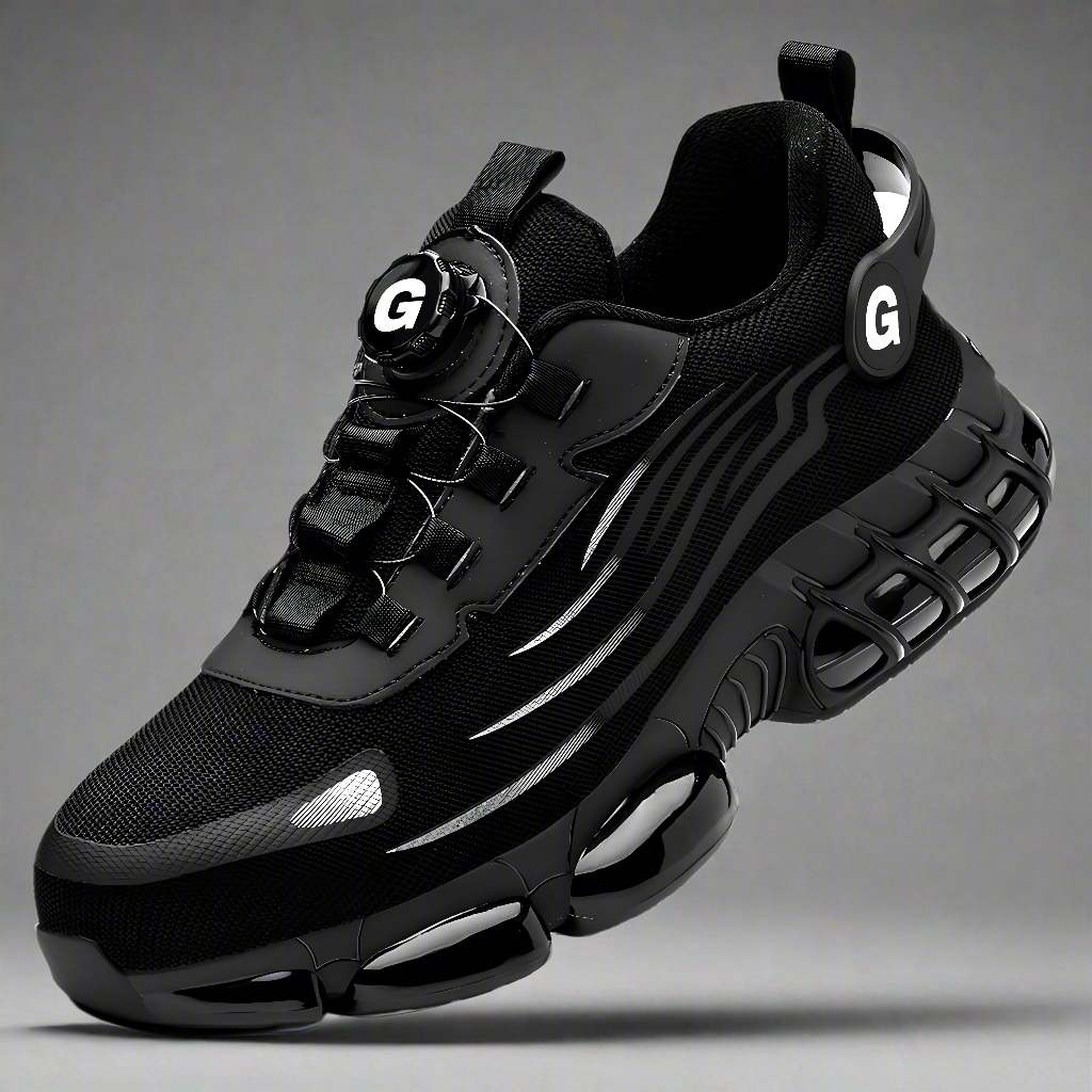 Black steel toe safety sneaker with Grizzor logo on a gray background